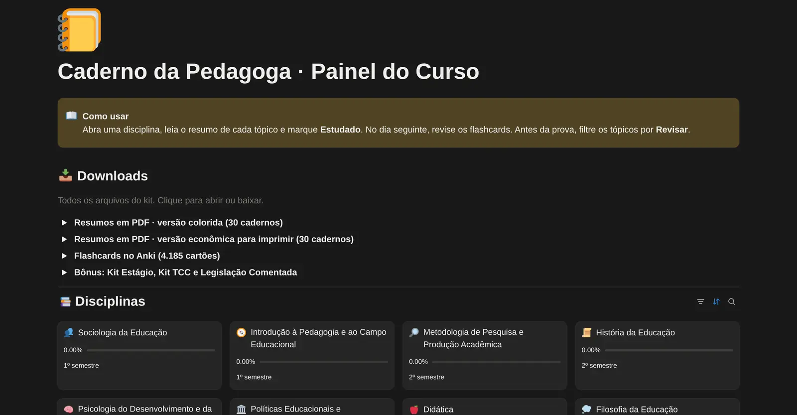 Painel do curso no Notion com a área de downloads e os cartões das disciplinas