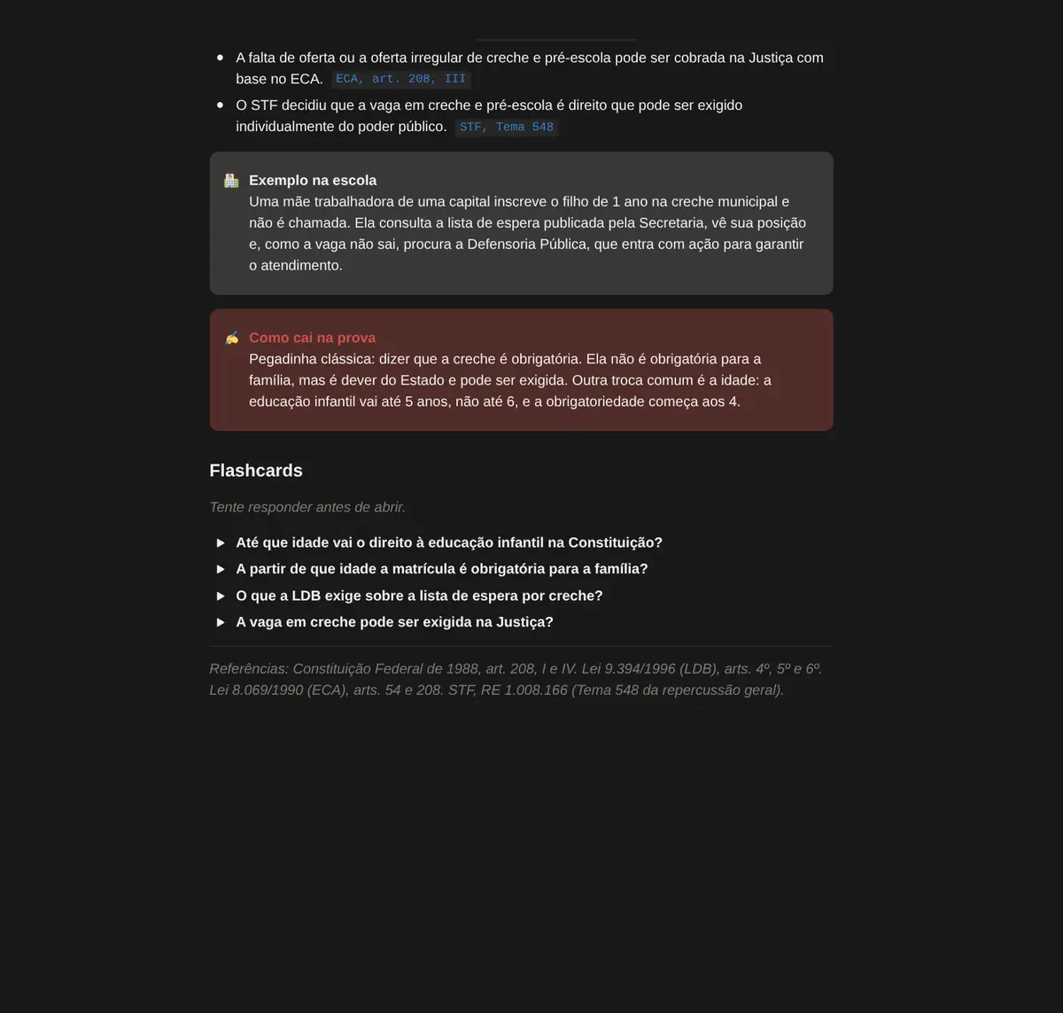 Continuação do tópico: exemplo na escola, como cai na prova, flashcards e referências