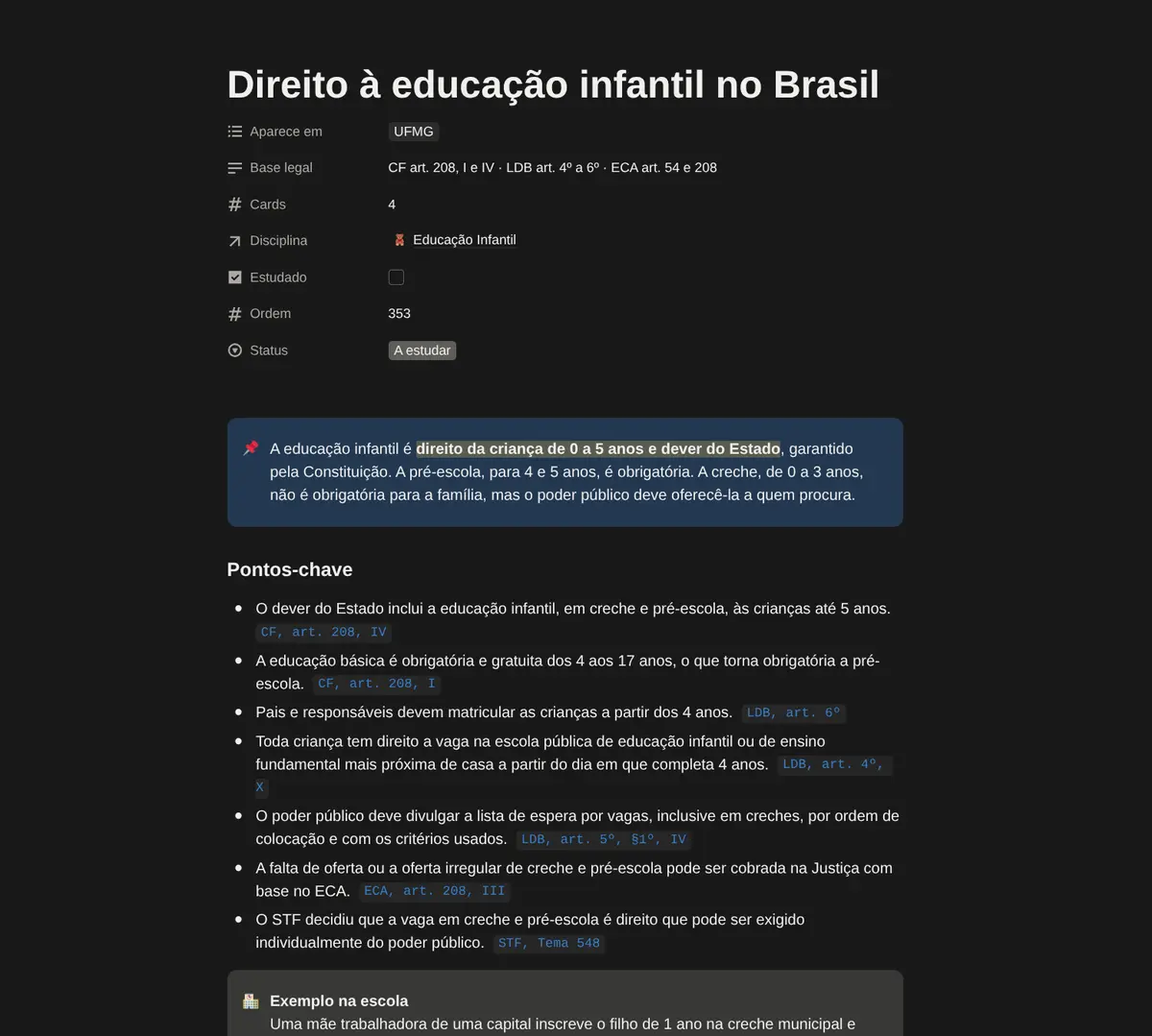 Tópico Direito à educação infantil no Brasil: conceito com marca-texto e pontos-chave com artigos da Constituição, LDB e ECA