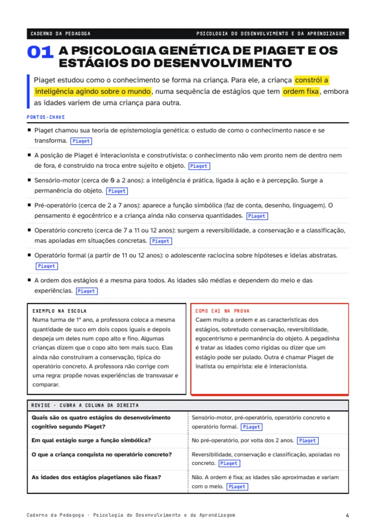 Página do caderno de Psicologia do Desenvolvimento sobre Piaget e os estágios do desenvolvimento